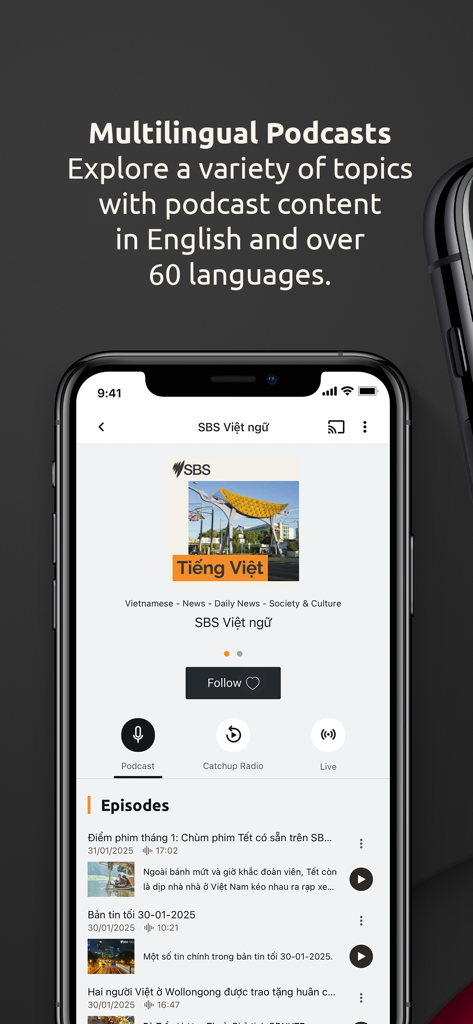 SBS Audio - SBS Audio app interface showing Vietnamese language podcast episodes and multilingual content options