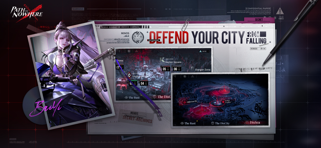 Path to Nowhere - Interface de mapa tático de Path to Nowhere com o personagem Bai Yi e locais da cidade