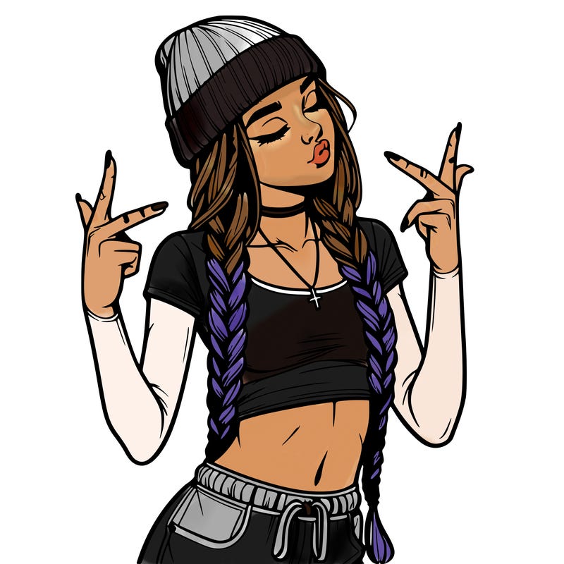 realistic teenage girl with braids and a beanie and crop top doing 🫶🏼