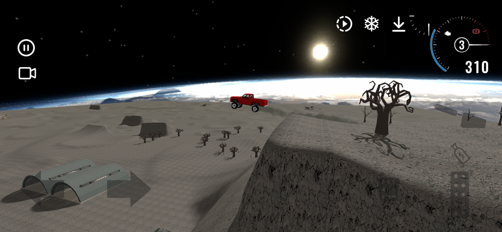 Car Crash Simulator in Space - A red pickup truck jumping over a rocky lunar surface in low gravity
