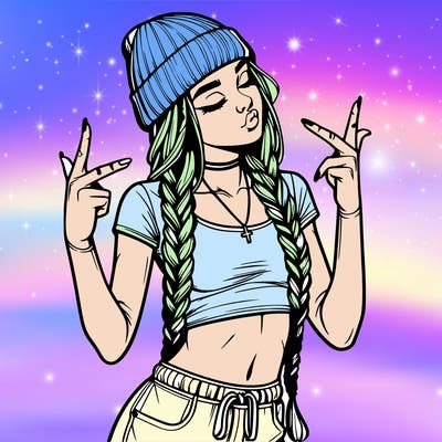 realistic teenage girl with braids and a beanie and crop top doing 🫶🏼