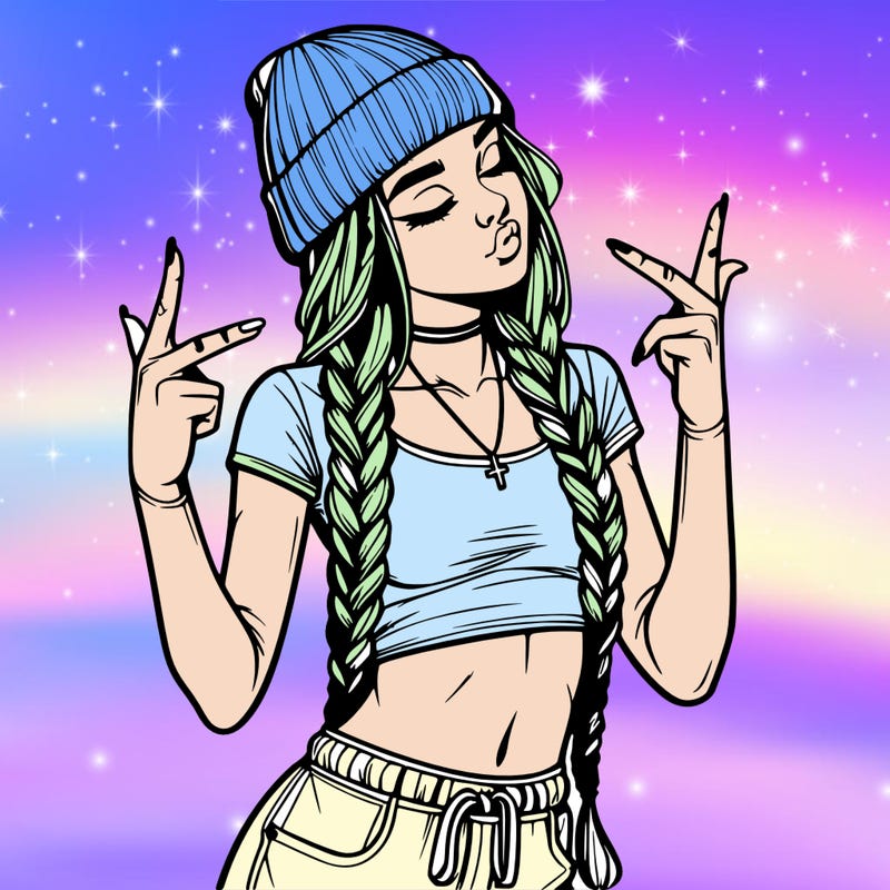 realistic teenage girl with braids and a beanie and crop top doing 🫶🏼