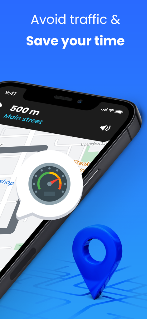 Aplicativo de navegação GPS em um smartphone exibindo um mapa com um ícone de velocímetro e recursos de desvio de tráfego.
