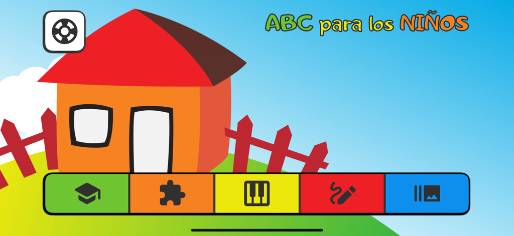 ABC para los Niños: Spannish - Main menu of the ABC para los Ninos Spanish app featuring a colorful cartoon house and navigation icons for educational activities