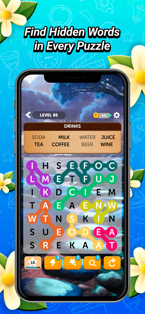 Mobile game screenshot showing a zig-zag word search puzzle with a drinks theme and a peaceful nature background.