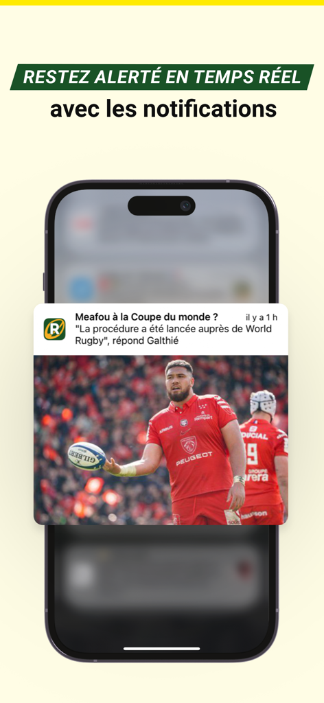 Un teléfono móvil mostrando una notificación de noticias de rugby en tiempo real de la aplicación Rugbyrama.