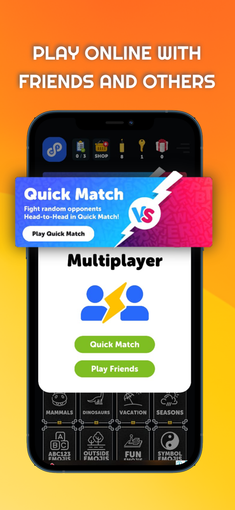 Infinite Word Search Puzzles multiplayer menu showing quick match and play with friends options on a smartphone screen.