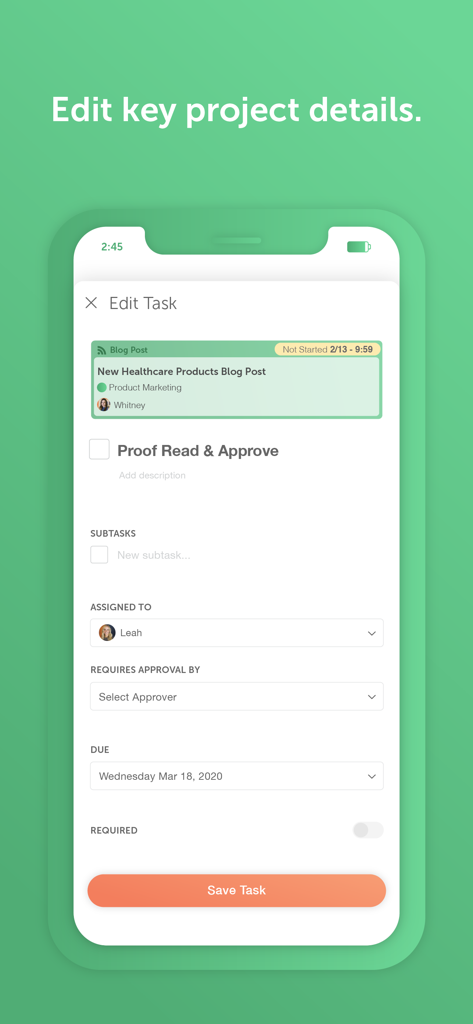 Interface of the CoSchedule mobile app showing options to edit a marketing task including assignee and due date