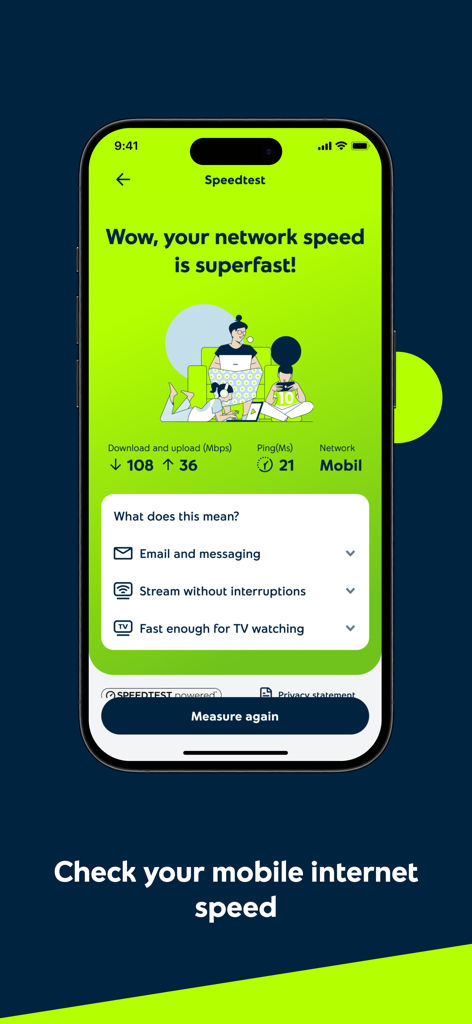 다운로드 및 업로드 속도와 핑을 포함한 모바일 인터넷 속도 테스트 결과를 표시하는 Yettel HU 앱의 스크린샷.