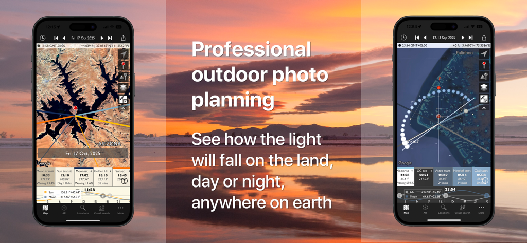 The Photographer's Ephemeris - Interfaz de la aplicación móvil The Photographers Ephemeris que muestra las trayectorias del sol y la luna en mapas para la planificación de fotografía de exteriores.