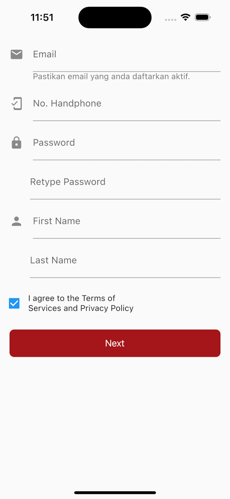 eMemberS By Sinar Mas Land - User registration screen for the eMemberS app featuring fields for email phone number and account setup