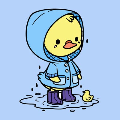 baby duck in a rain coat and boots, in a puddle while it’s raining