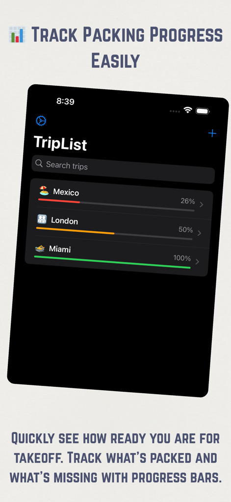 TripList: Smart Packing List - Smartphone screen showing the TripList app with progress bars tracking packing status for multiple trips like Mexico and London