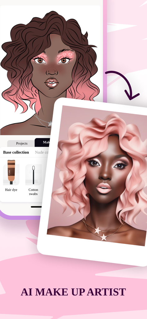 MakeUp Artist Pocket Studio - Confronto tra uno schizzo di trucco 2D digitale e un look realistico renderizzato in 3D con IA su una donna con capelli rosa