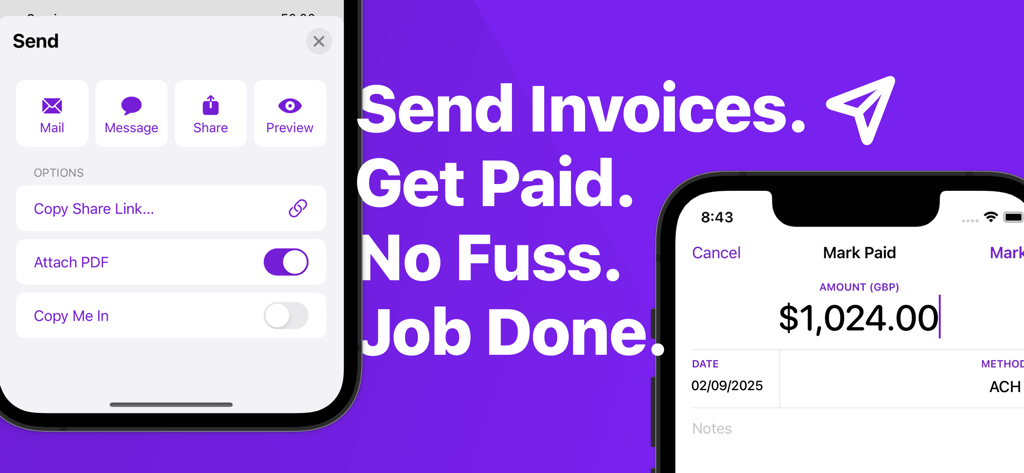 Invoices: Simple Invoice Maker - Interface of the Invoices app showing options to send an invoice and mark a payment as received