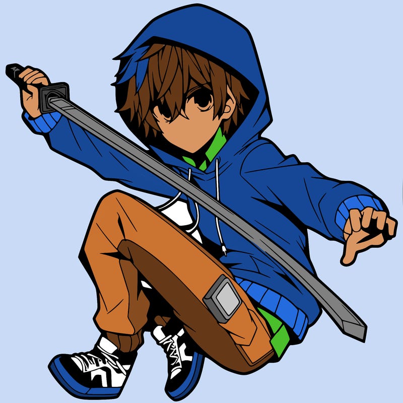 an anime boy with a hoodie and shaggy hair holding a sword in a mid air pose