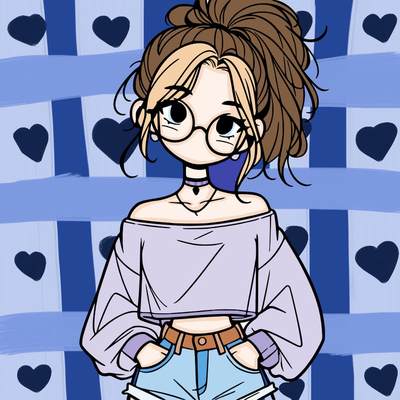 girl with a messy ponytail glasses a baggy crop top and jean shorts