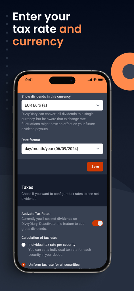 DivvyDiary - DivvyDiary app settings screen showing currency selection and dividend tax rate configuration