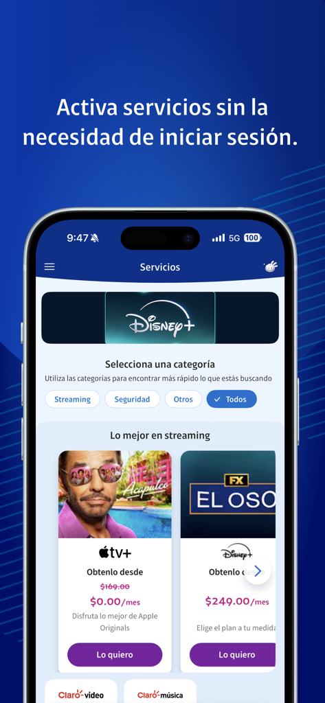 Una captura de pantalla de la interfaz de la app Mi Telcel mostrando opciones de servicios de streaming como Disney plus y Apple TV plus