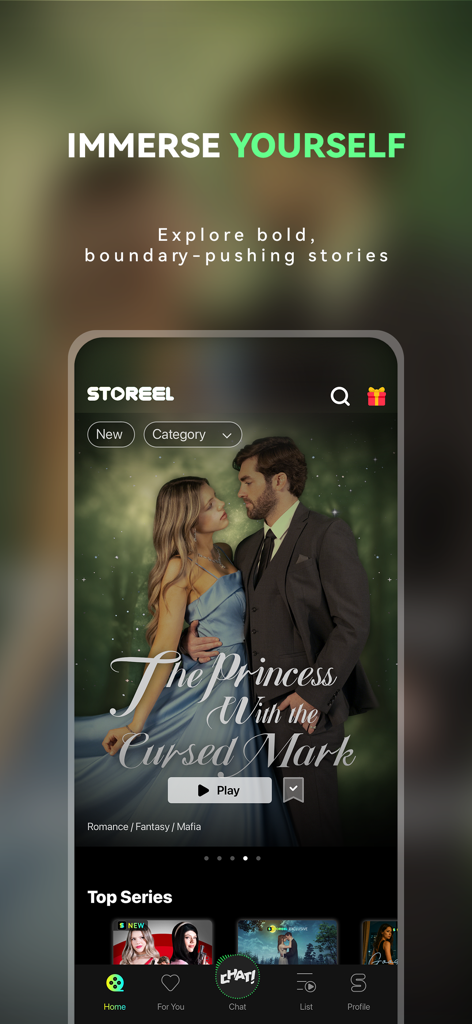 Pantalla de inicio de la aplicación móvil StoReel que presenta la película de drama corto The Princess With the Cursed Mark.