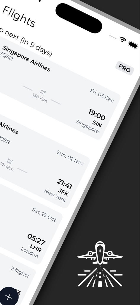 A mobile app screen showing a list of logged flights with details like airline name, departure time, and airport codes.