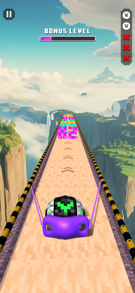 Super Rolling Ball Balance - A blocky pixelated ball rolling along a high sky track during a bonus level