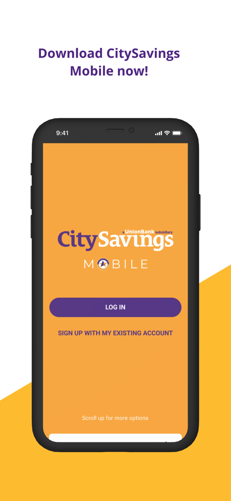 CitySavings Mobile app welcome and login screen with UnionBank subsidiary logo