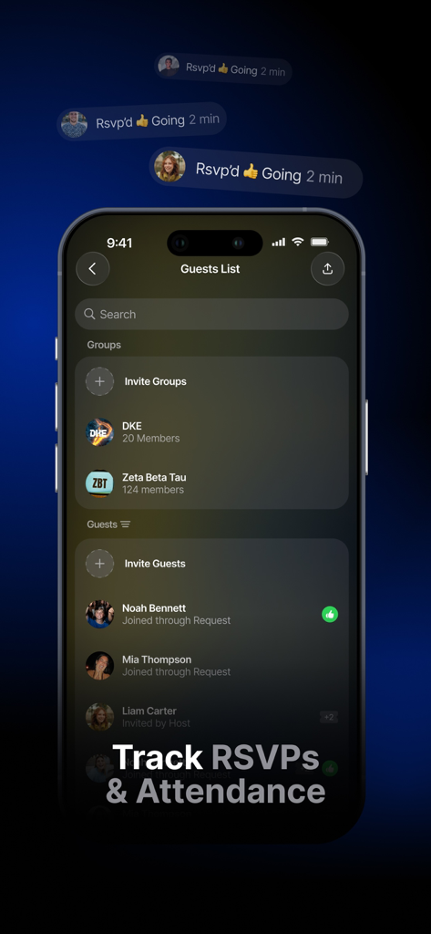 DoorList - Events & Invites - DoorList app interface showing a guest list with RSVP status for Greek life groups and attendance tracking