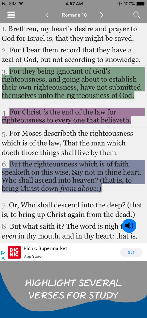 Torrey's Topical Bible Offline - Fonctionnalité de surlignement dans l'application Bible Thématique de Torrey montrant des versets de Romains 10