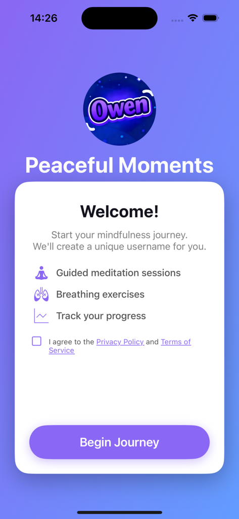 瞑想の呼吸法と進捗状況の追跡機能を強調するOwenコミュニティアプリのウェルカムスクリーン