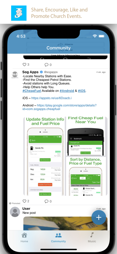 CCCHymns - Community feed in the CCCHymns app showing social posts and church event promotions