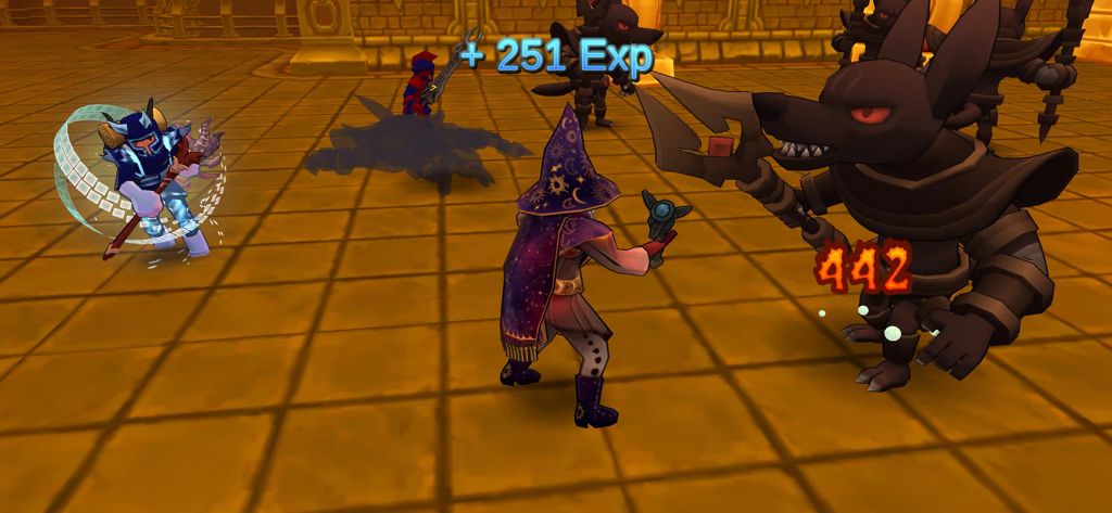 Um personagem mago atacando monstros com cabeça de chacal em uma cena dourada de masmorra de Eterspire MMORPG.