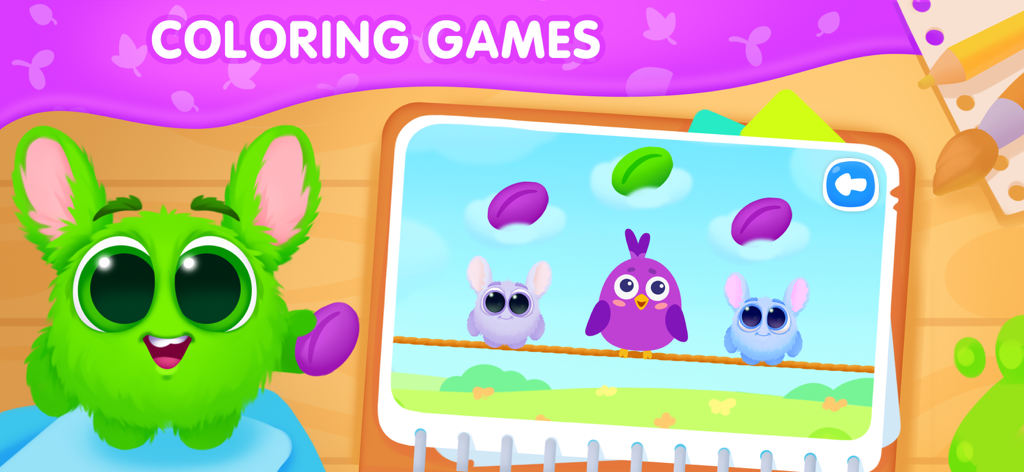 Colors learning Preschool game - Sección de juegos de colorear de la aplicación preescolar con Fluffy y animales coloridos