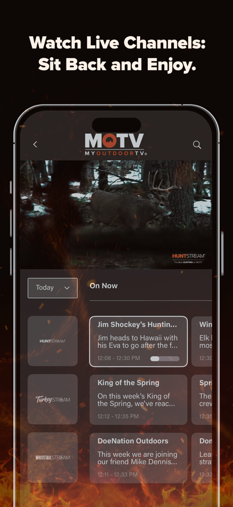 Mobile app interface of MyOutdoorTV showing live hunting channels and scheduled outdoor programming