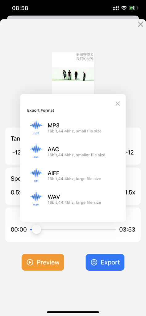 Music Transpose - Key Changer - Tela de seleção para exportar arquivos de música em formatos MP3, AAC, AIFF ou WAV.