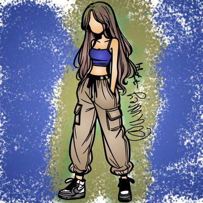 girl in baggy pants crop top and long hair