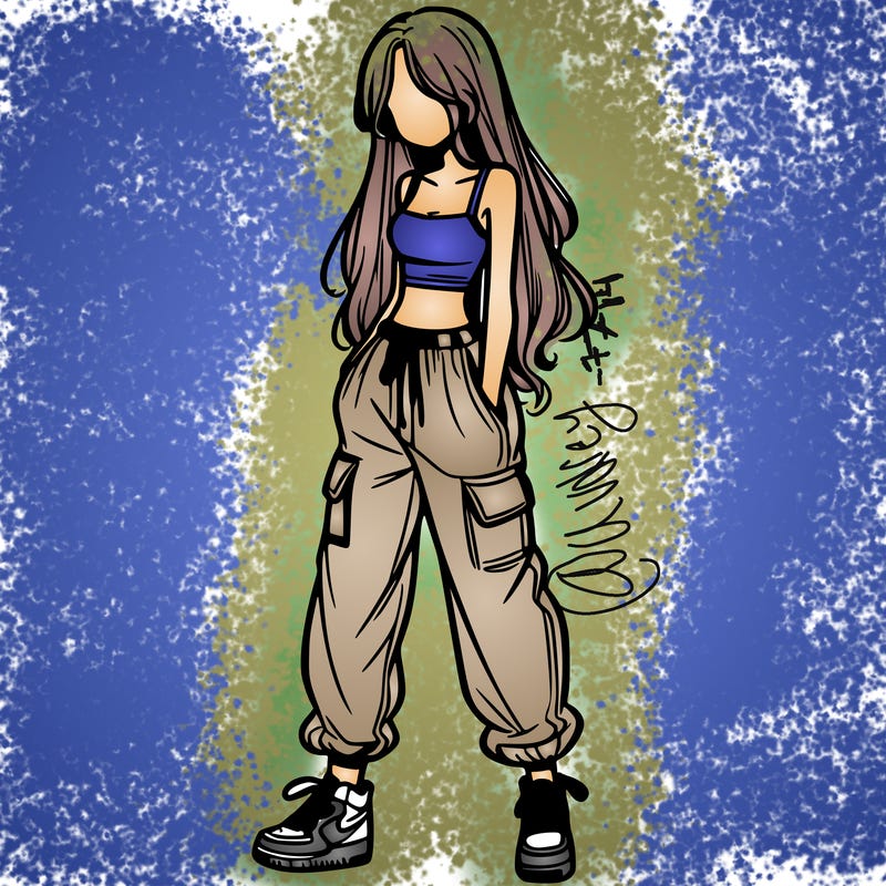 girl in baggy pants crop top and long hair