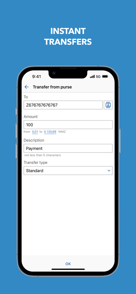 Interfaz de la aplicación móvil WebMoney Keeper mostrando una pantalla para realizar transferencias de dinero instantáneas desde una billetera digital