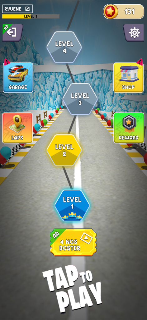 Mega Ramp Car: Stunt Car - Level selection screen of Mega Ramp Car Stunt Car mobile game featuring level progression garage shop and tap to play button