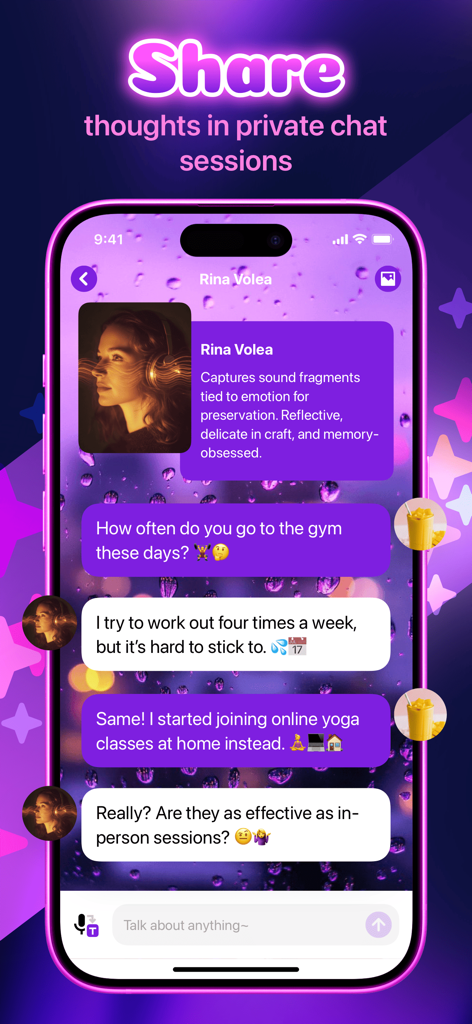 Fenko - Fast Talk & Chat - Una pantalla de smartphone que muestra una sesión de chat privada en la aplicación Fenko con un compañero IA llamado Rina Volea.