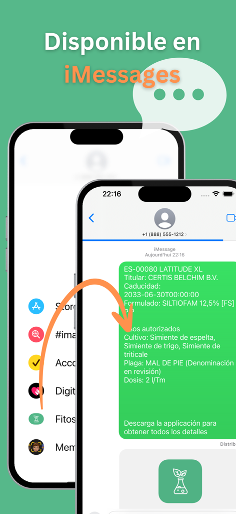 Interfaz que muestra la integración de la aplicación FitoFarma con iMessage para compartir detalles de productos fitosanitarios.