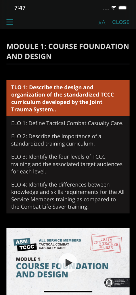 Deployed Medicine app screen displaying TCCC Module 1 course foundation and learning objectives