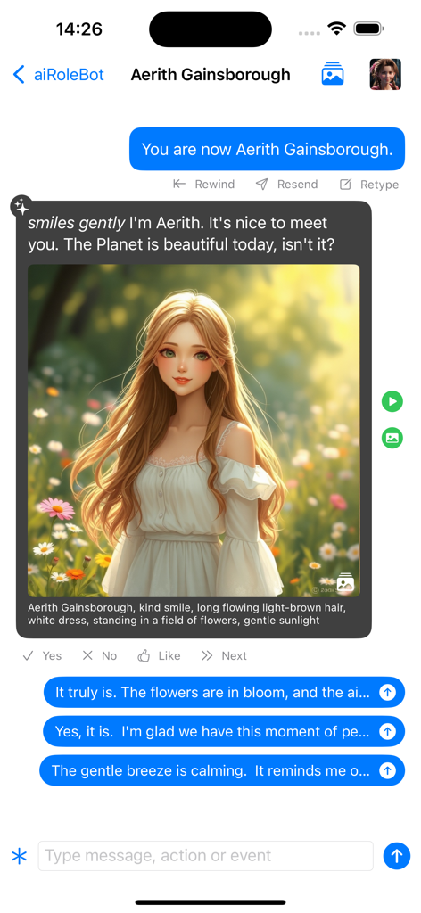aiRoleBot: AI Role-Play Chat - A roleplay chat session with an AI character named Aerith Gainsborough in the aiRoleBot app