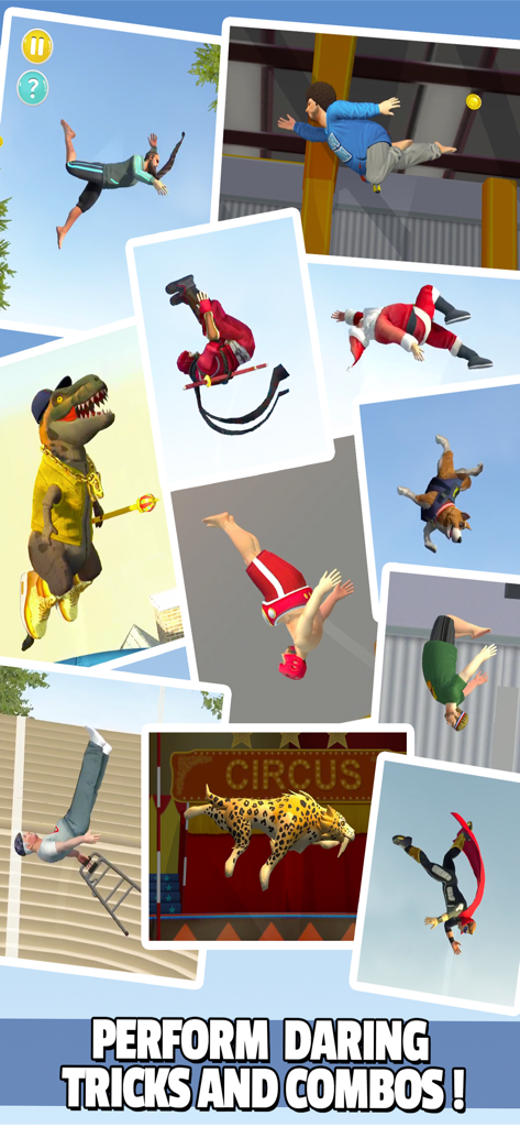 A collage of diverse characters performing trampoline tricks and flips in Flip Master.