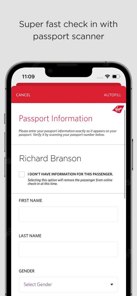 Virgin Atlantic mobile app passport information and check in screen