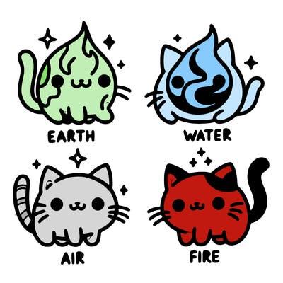4 cats that represent the different elements, earth, water, air, and fire