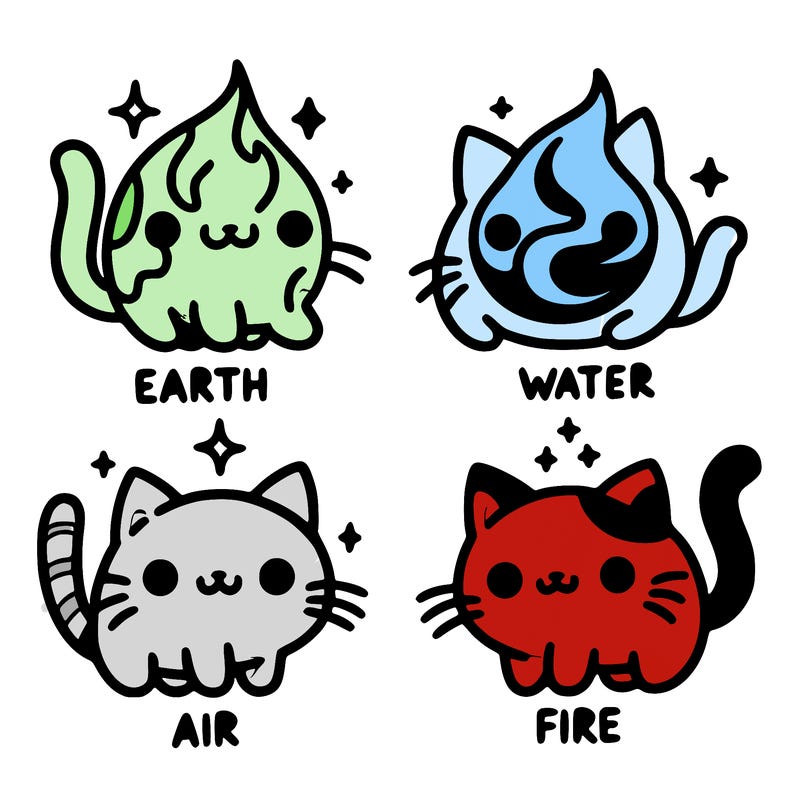 4 cats that represent the different elements, earth, water, air, and fire