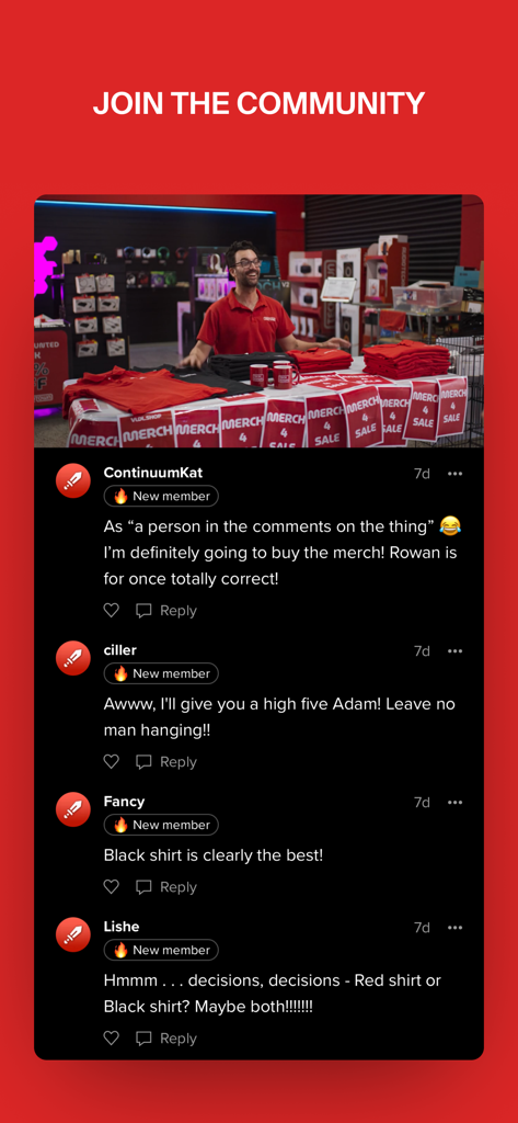 Viva+ TV - A screenshot of the Viva plus TV app showing fan comments and a video of creators with merchandise under the heading Join the Community