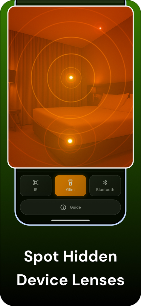Detect Hidden Device - App interface showing the glint detection feature to spot hidden camera lenses in a hotel bedroom