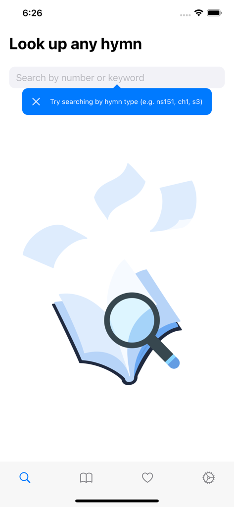 Hymns Mobile - Search screen for looking up hymns by number or keyword in the Hymns Mobile app